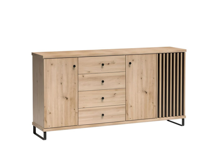 Buffet 3 portes 4 tiroirs avec étagères et pieds métal Chêne et Noir 185 cm – ZEBRA