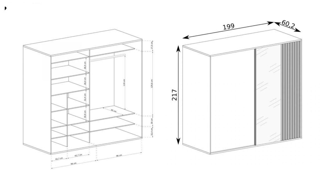 Croquis Armoire 2 portes avec miroir et penderie Chêne et Noir 200 cm - ZEBRA