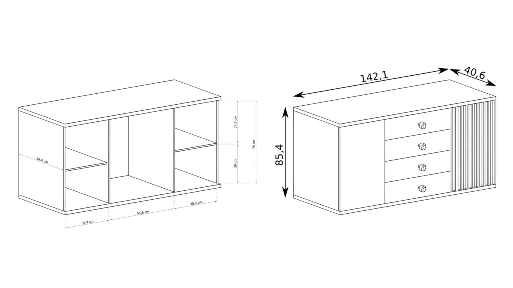 Croquis Buffet 2 portes 4 tiroirs Chêne et Noir 145 cm - ZEBRA