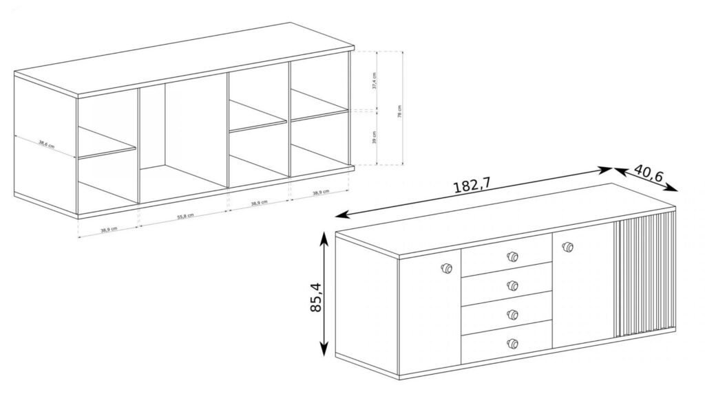 Croquis Buffet 3 portes 4 tiroirs avec étagères Chêne et Noir 185 cm - ZEBRA