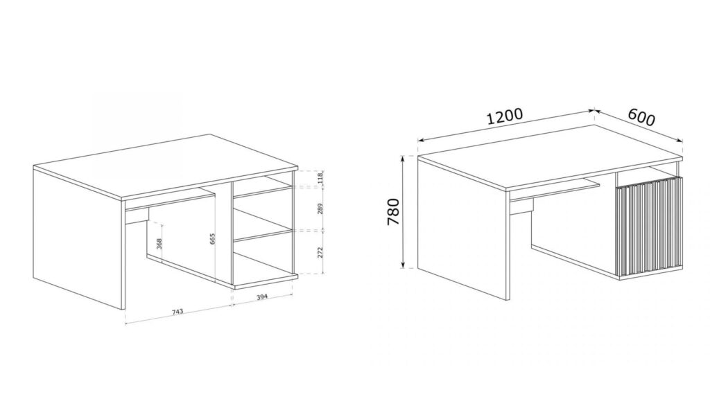 Croquis Bureau 4 étagères Chêne et Noir 120 cm - ZEBRA