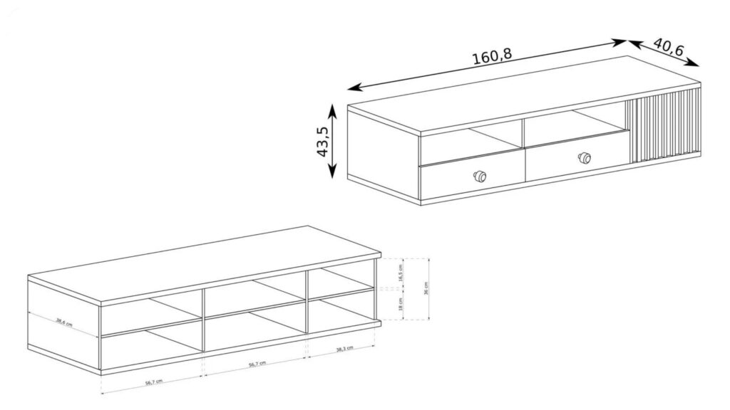 Croquis Meuble télé 1 porte 2 tiroirs avec étagères Chêne et Noir 160 cm - ZEBRA