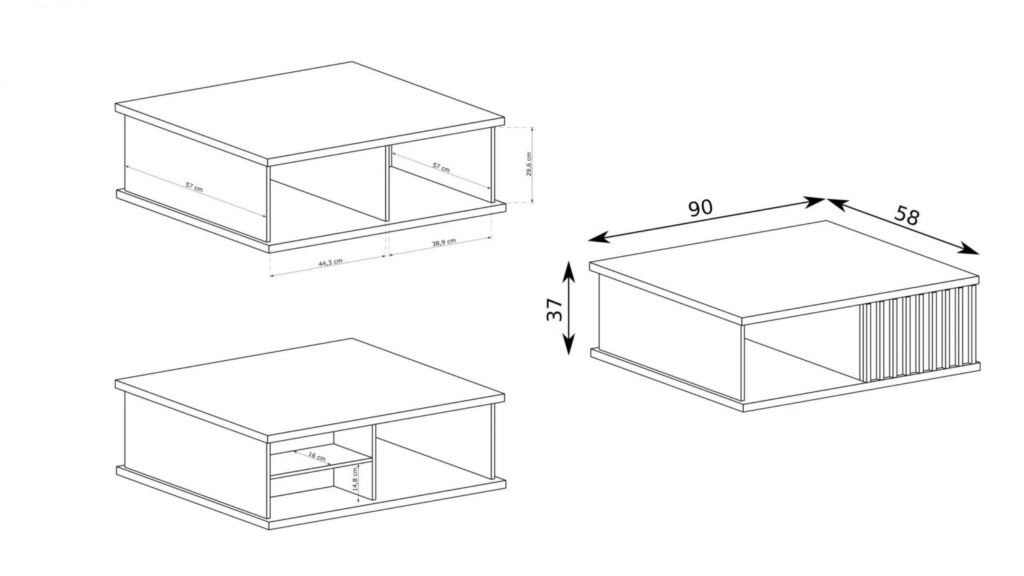 Croquis Table basse 1 tiroir 2 étagères Chêne et Noir 90 cm - ZEBRA