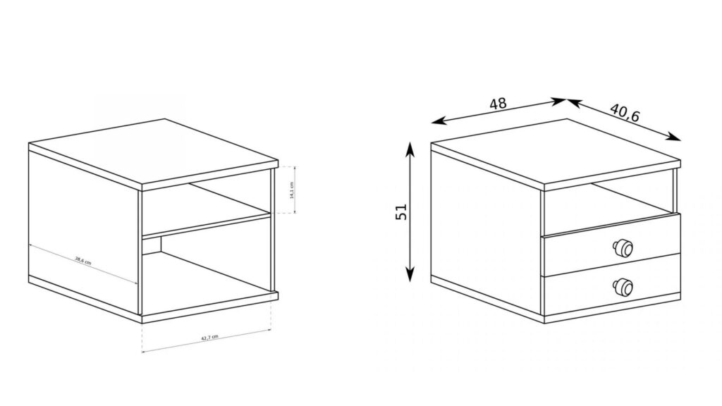 Croquis Table de chevet 2 tiroirs 1 étagère Chêne et Noir 48 cm - ZEBRA