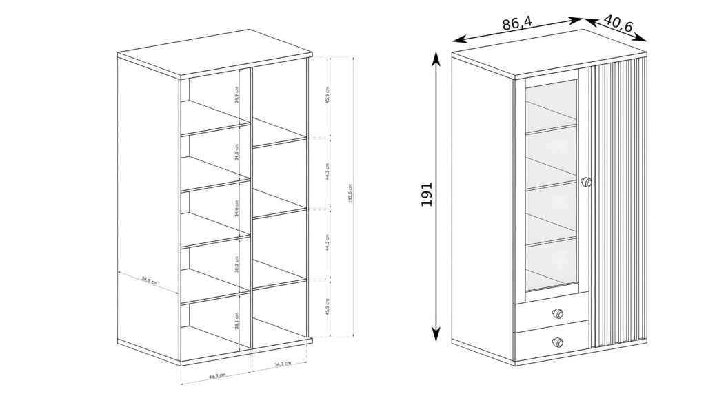 Croquis-Vitrine-2-portes-2-tiroirs-10-étagères-Chêne-et-Noir-90-cm-ZEBRA