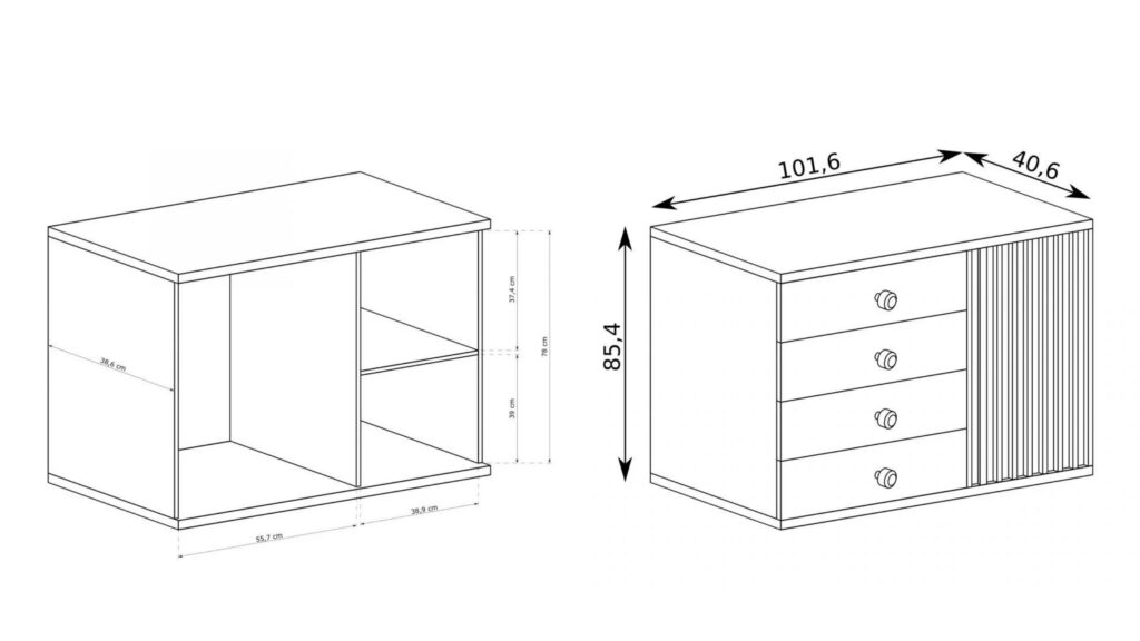 Croquis-commode-1-porte-4-tiroirs-Chêne-et-Noir-100-cm-ZEBRA