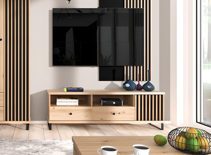 Meuble télé 1 porte 2 tiroirs avec étagères 160 cm Chêne et Noir – ZEBRA