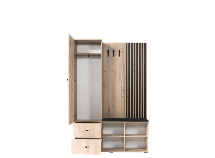 Meuble d’entrée vestiaire 1 porte 2 tiroirs avec étagères Chêne et Noir 130 cm – ZEBRA