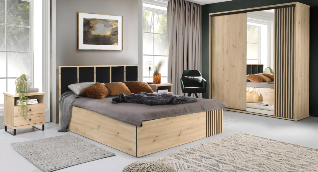 Lit ZEBRA avec tête de lit Spacieux, 180x200, chêne et noir