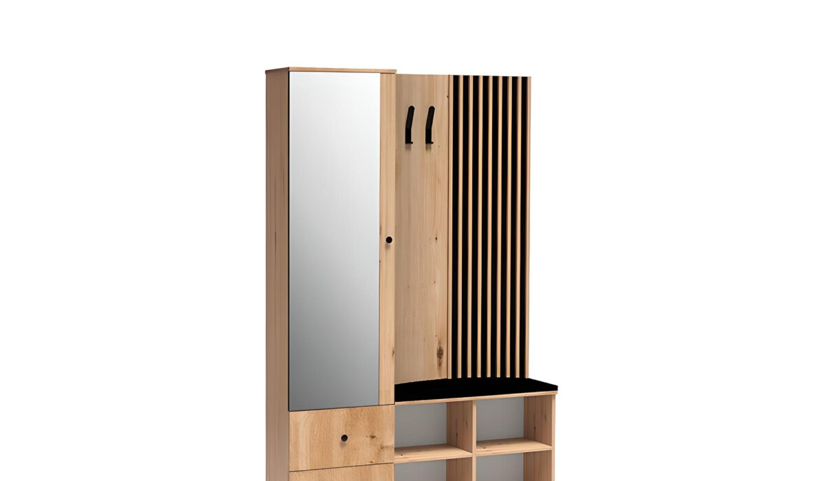 Meuble d'entrée vestiaire 1 porte 2 tiroirs avec étagères Chêne et Noir 130 cm - ZEBRA