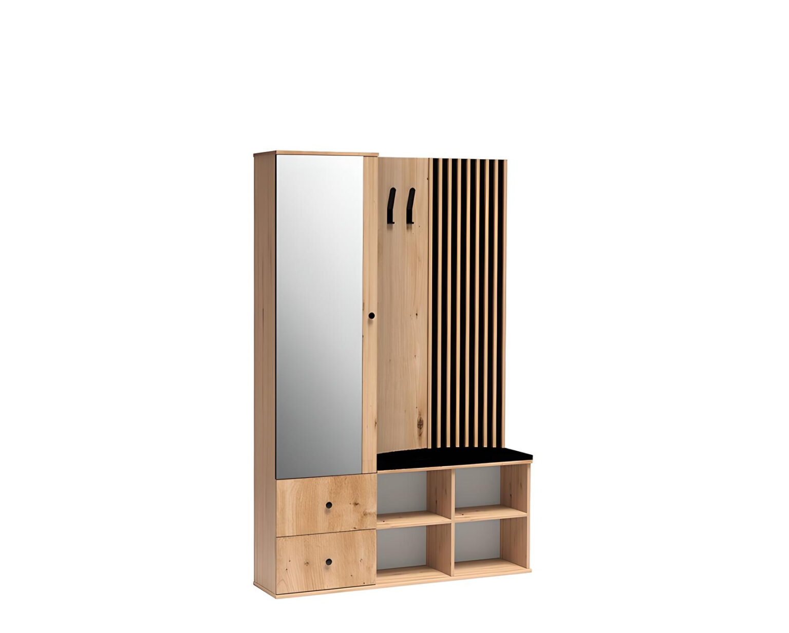 Meuble d'entrée vestiaire 1 porte 2 tiroirs avec étagères Chêne et Noir 130 cm - ZEBRA