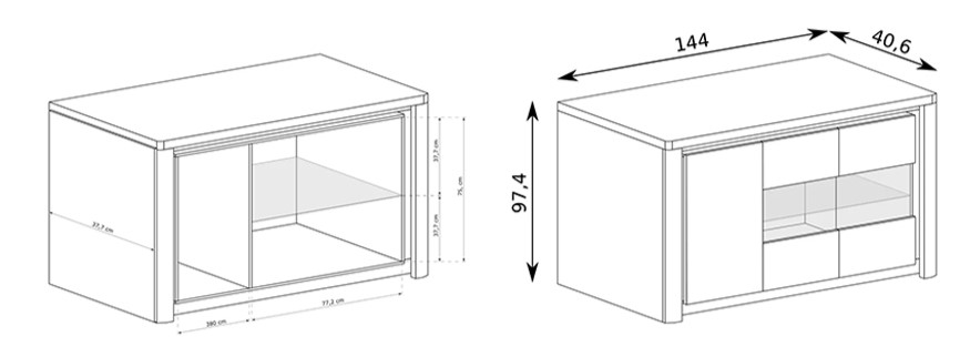 Croquis Buffet 2 portes 3 tiroirs Blanc et Chêne 185 cm - ADEL