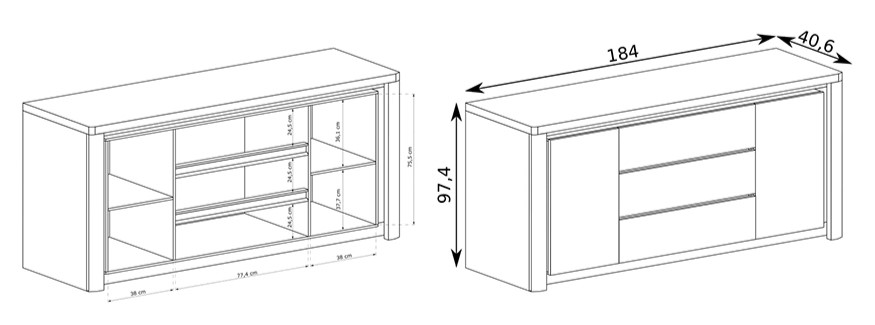 Croquis Buffet 3 portes Blanc et Chêne 145 cm ADEL