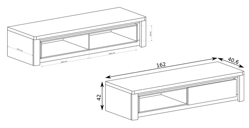 Croquis Meuble télé 1 porte 2 étagères Blanc et Chêne 162 cm ADEL