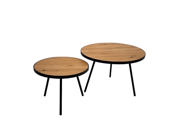 Tables basses gigogne rondes avec bords en cuir naturel et pieds métal Chêne et Noir – ELMA