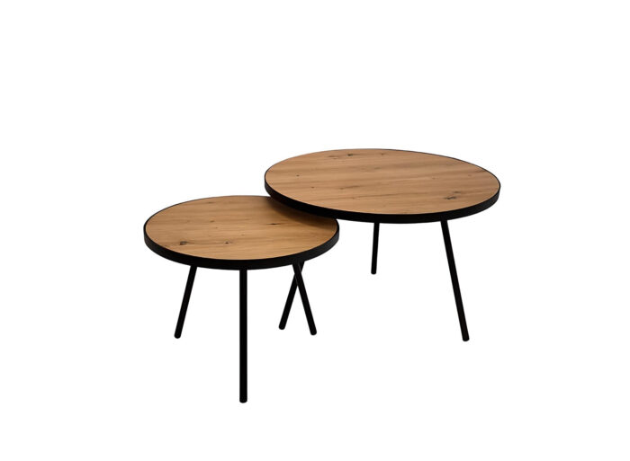 Tables basses gigogne rondes avec bords en cuir naturel et pieds métal Chêne et Noir – ELMA