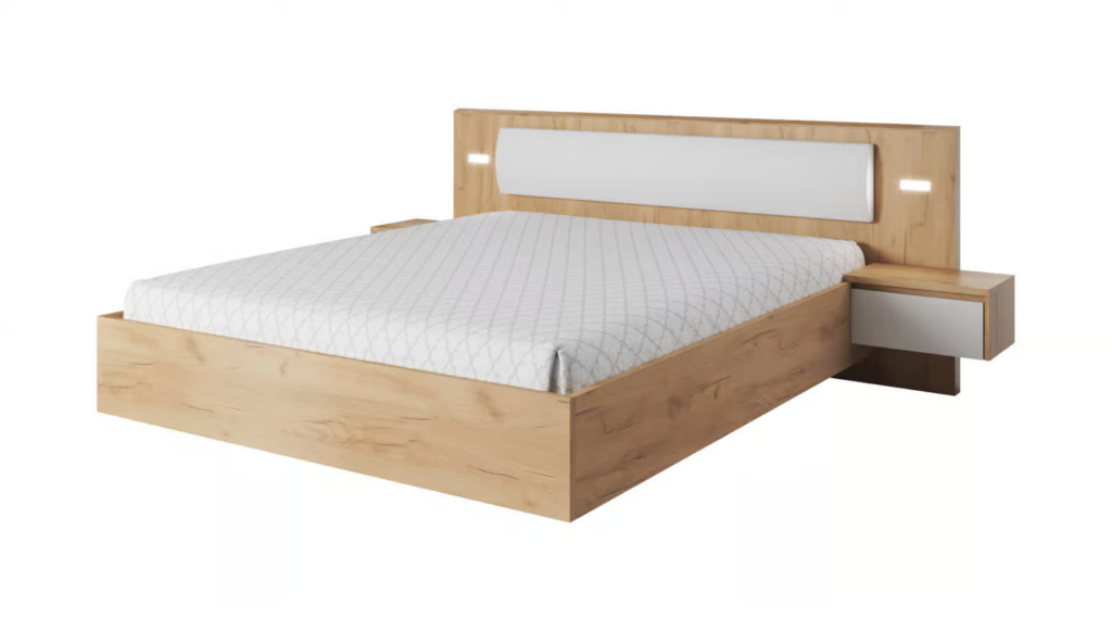 Optez pour le lit coffre LYAN couleur bois et blanc avec chevets intégrés