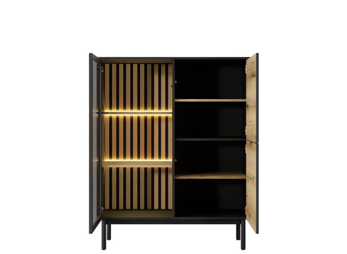 Buffet haut 3 portes 7 étagères LEDs intégré Chêne et Noir 100 cm – CAMILLE