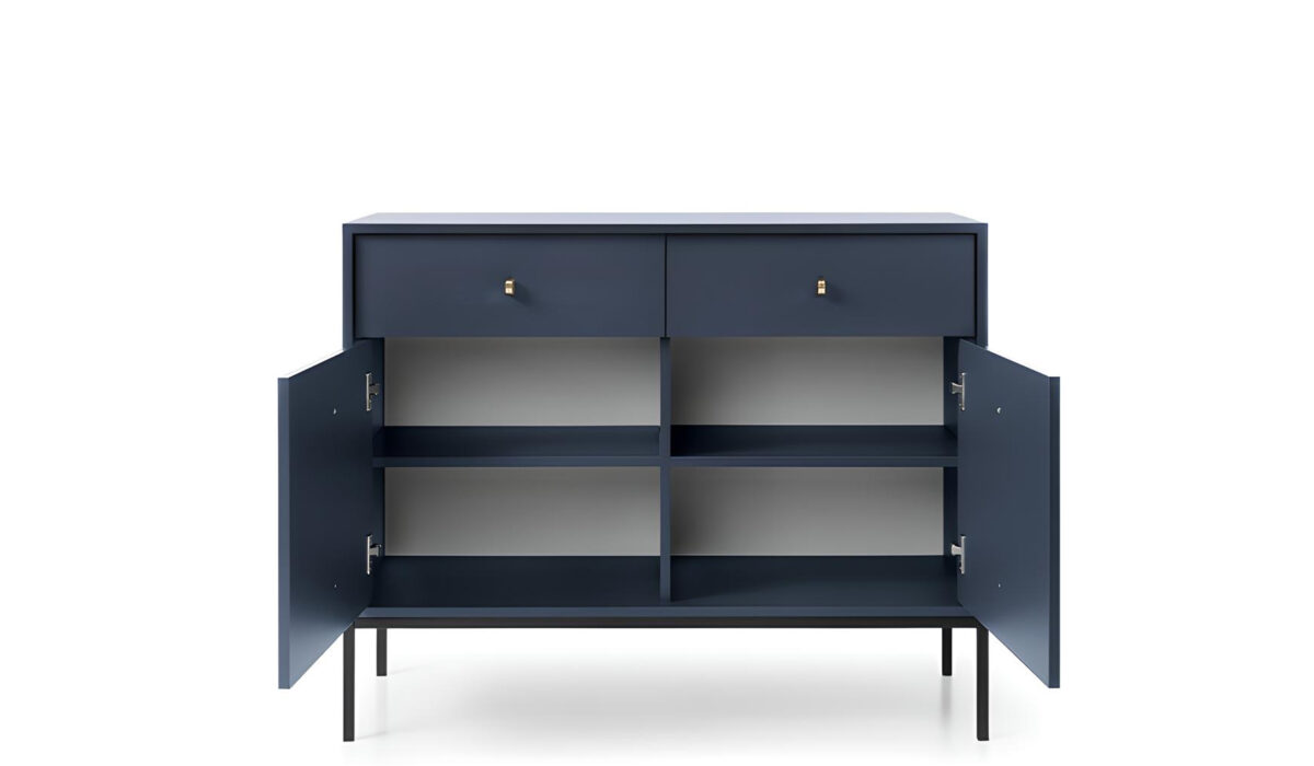 Buffet 2 portes 2 tiroirs pieds métal noir Bleu 104 cm ROSALIA fonctionnel