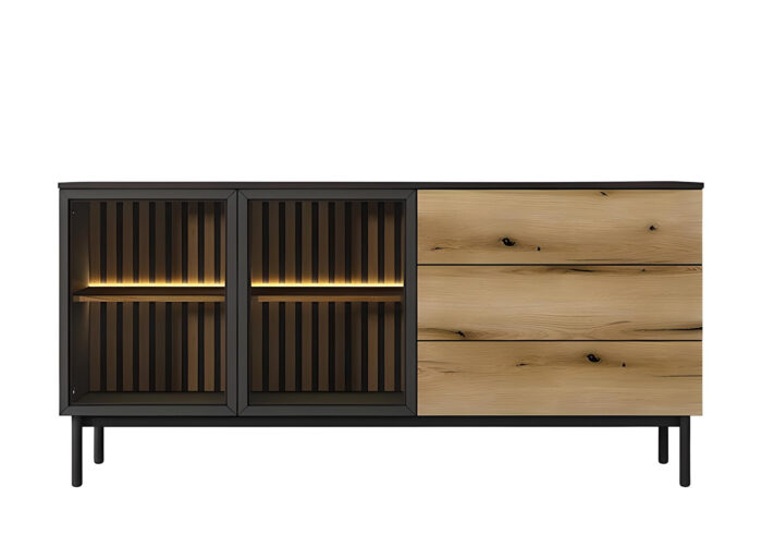 Buffet 2 portes 3 tiroirs LEDS intégré Chêne et Noir 180 cm – CAMILLE