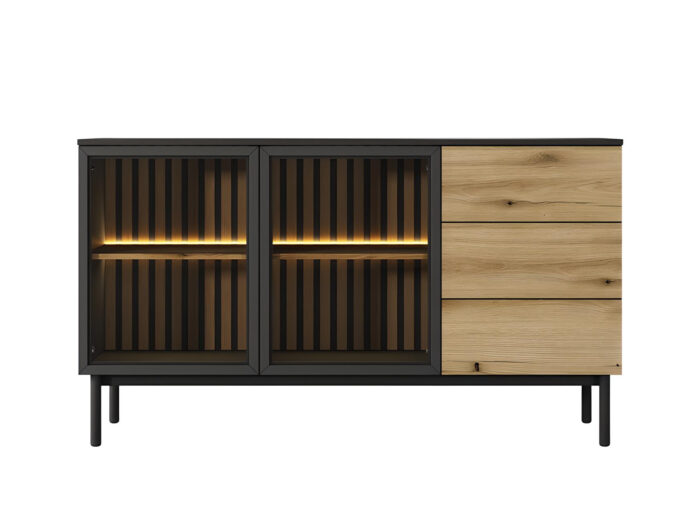 Buffet 2 portes 3 tiroirs LEDs intégré Chêne et Noir 150 cm – CAMILLE