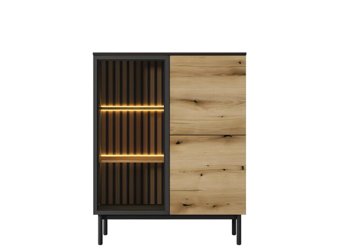 Buffet haut 3 portes 7 étagères LEDs intégré Chêne et Noir 100 cm – CAMILLE