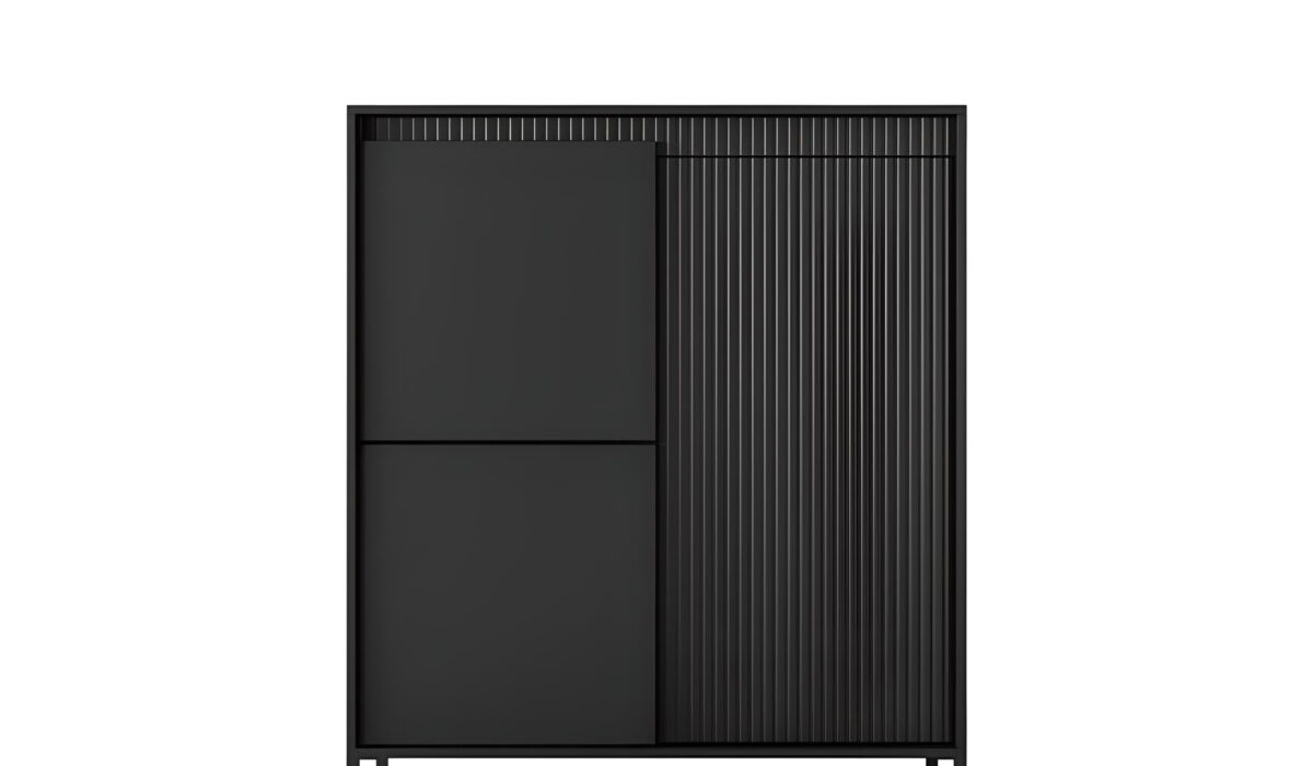 Buffet ROMANE 3 portes, 7 étagères, couleur noir pour un rangement pratique et élégant.