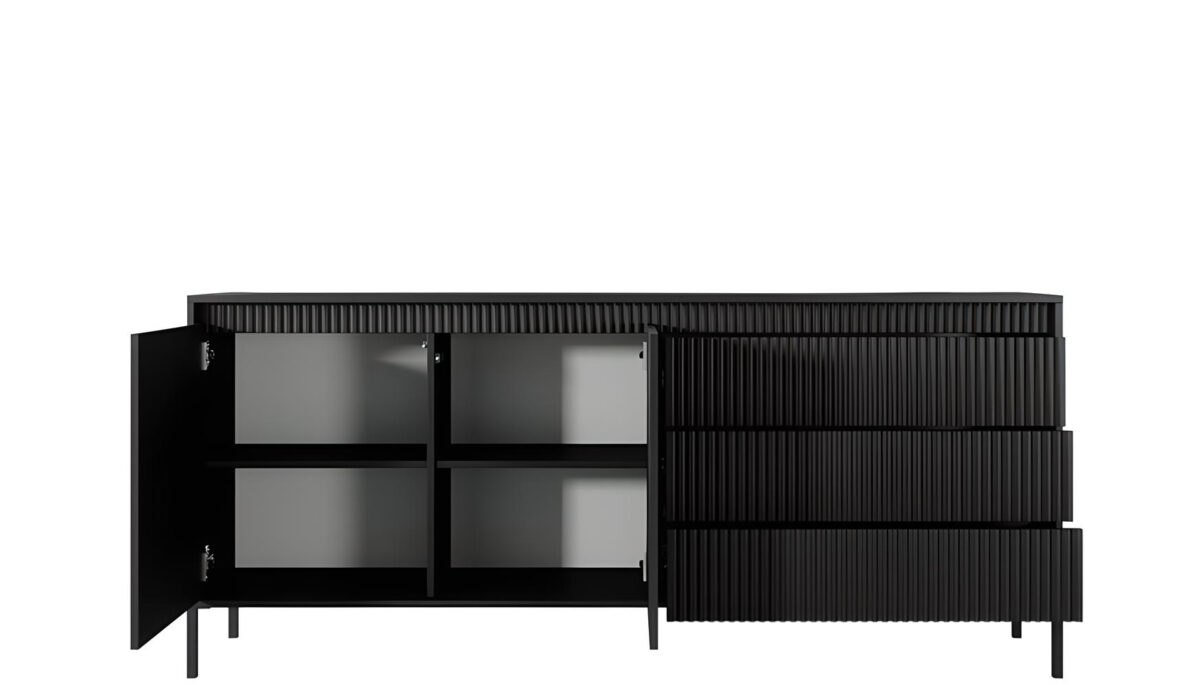Buffet ROMANE Élégance et fonctionnalité réunies avec ses 2 portes, 3 tiroirs et 4 étagères, le tout dans une teinte noir