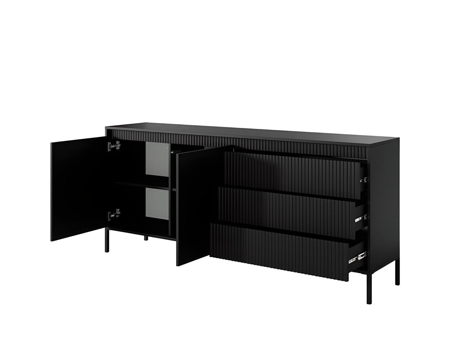 Buffet ROMANE Rangement optimal avec ses 2 portes, 3 tiroirs et 4 étagères, le tout dans un design sophistiqué en noir.