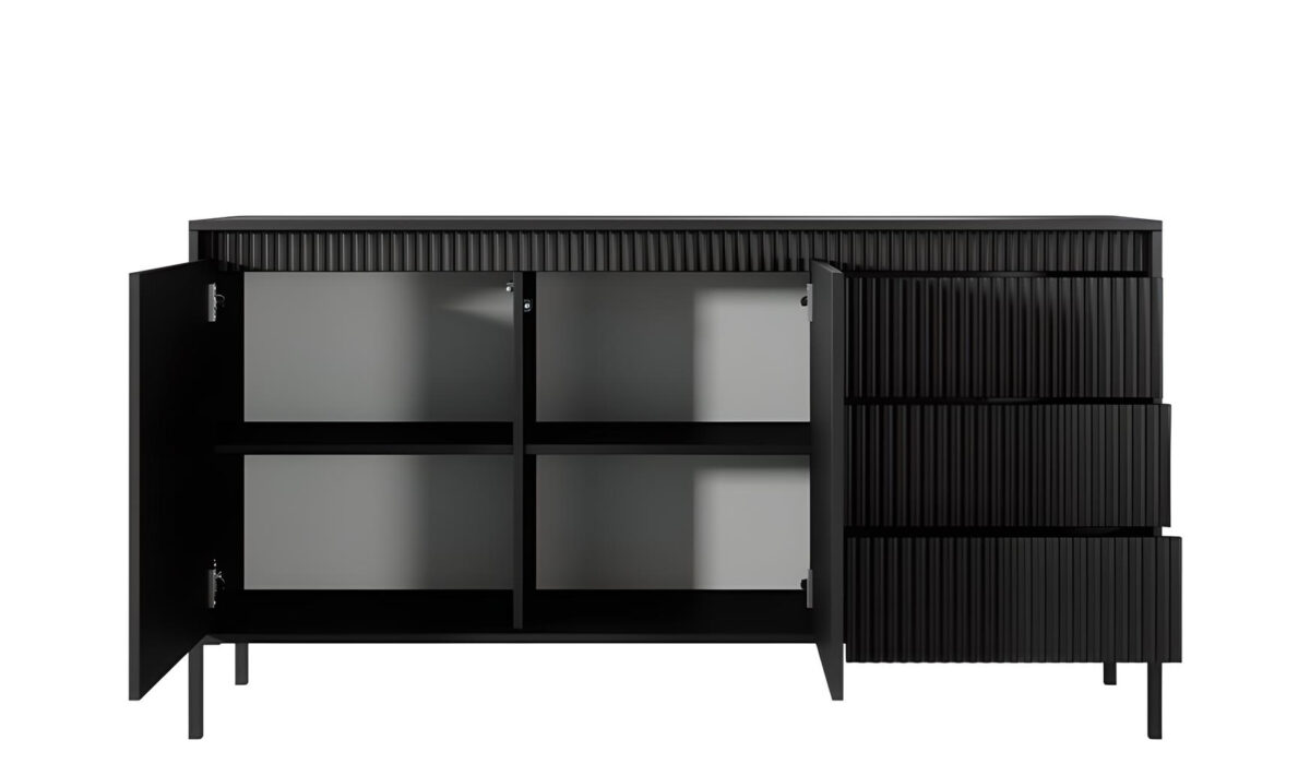 Buffet ROMANE noir élégance et fonctionnalité avec ses 2 portes, 3 tiroirs et 4 étagères, parfait pour votre intérieur