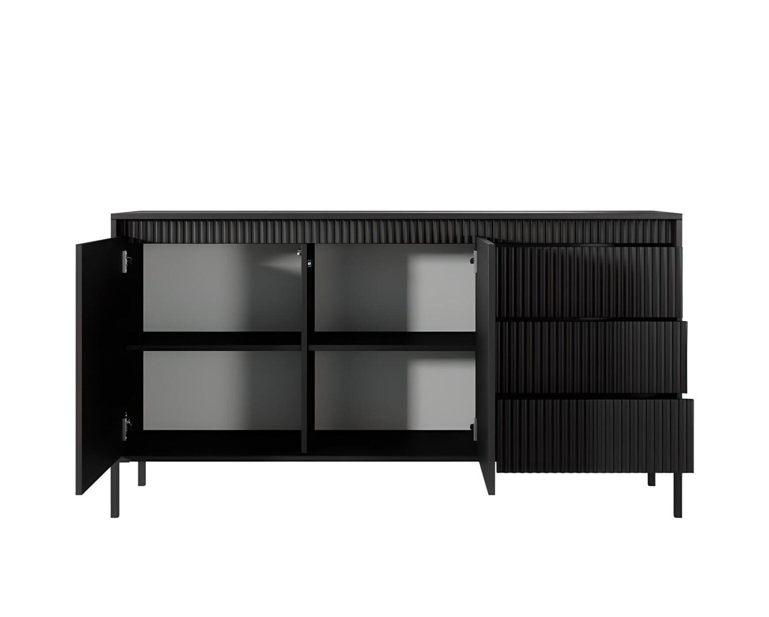 Buffet ROMANE noir élégance et fonctionnalité avec ses 2 portes, 3 tiroirs et 4 étagères, parfait pour votre intérieur