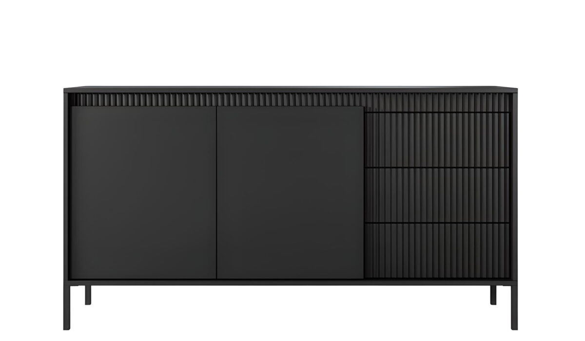 Buffet ROMANE noir raffiné avec 2 portes, 3 tiroirs et 4 étagères pour un rangement organisé