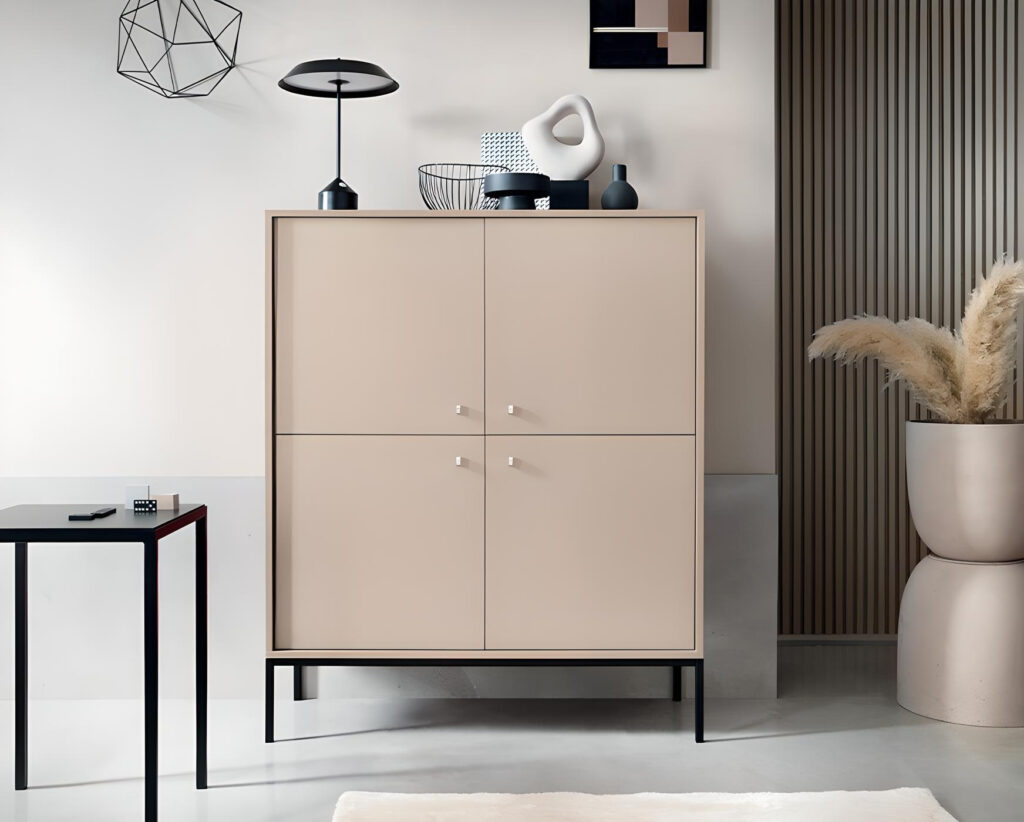 Buffet haut 4 portes pieds métal noir beige 104 cm Rosalia fonctionnalité et design moderne