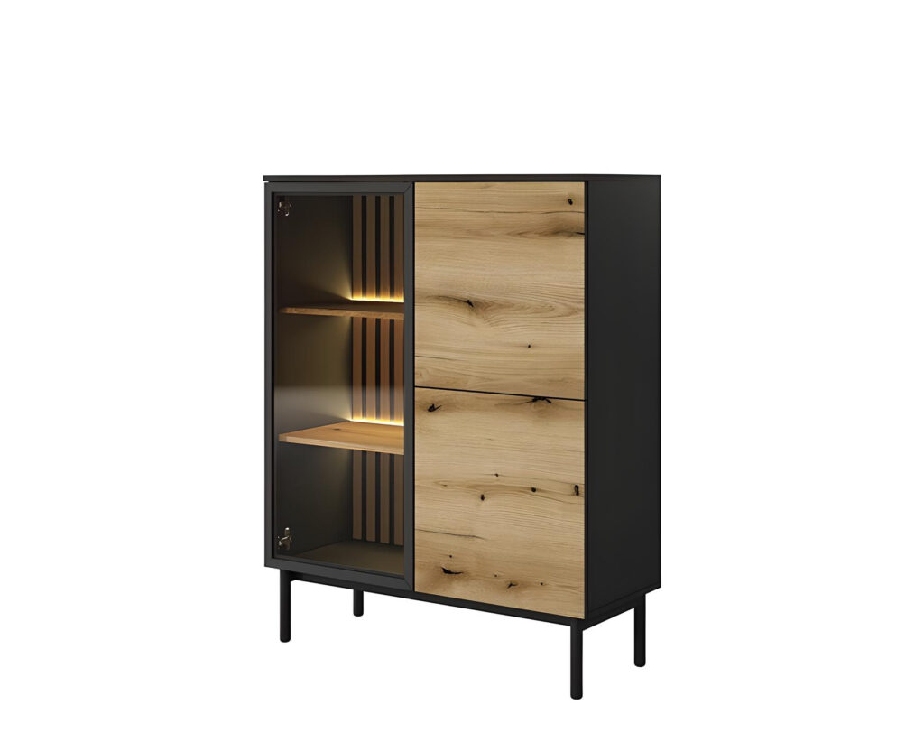 Design moderne en chêne et noir avec éclairage chaleureux