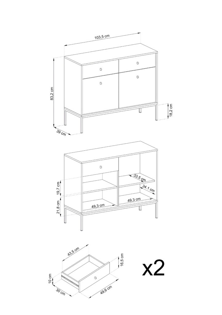 Dimensions buffet 2 portes 2 tiroirs pieds métal or 104 cm - ROSALIA