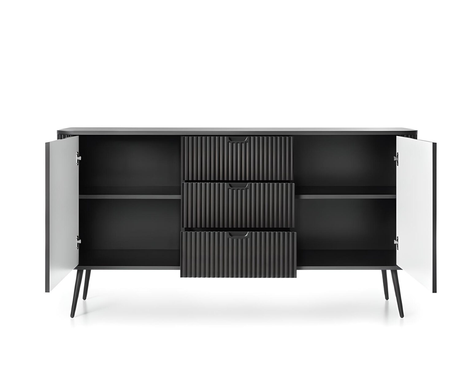 Le buffet bas IRIS 170 cm en noir offre un grand espace de rangement