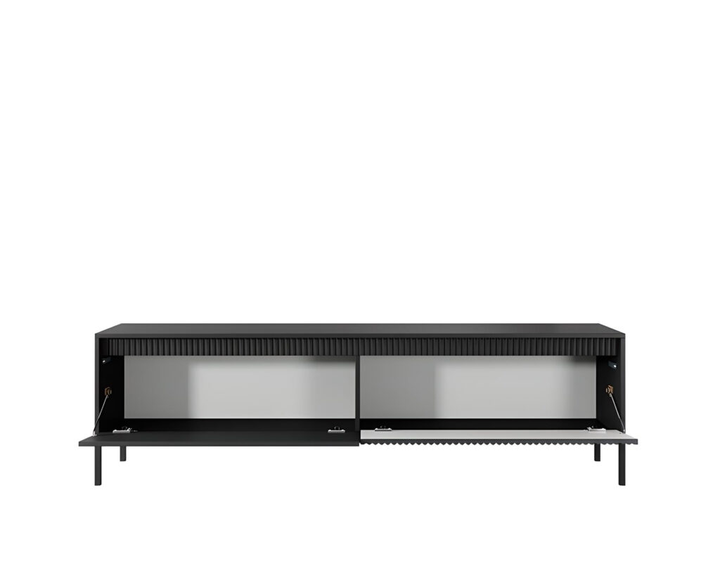 Meuble télé ROMANE Fonctionnalité et modernité avec ses 187 cm, 2 portes, 2 étagères, couleur noir