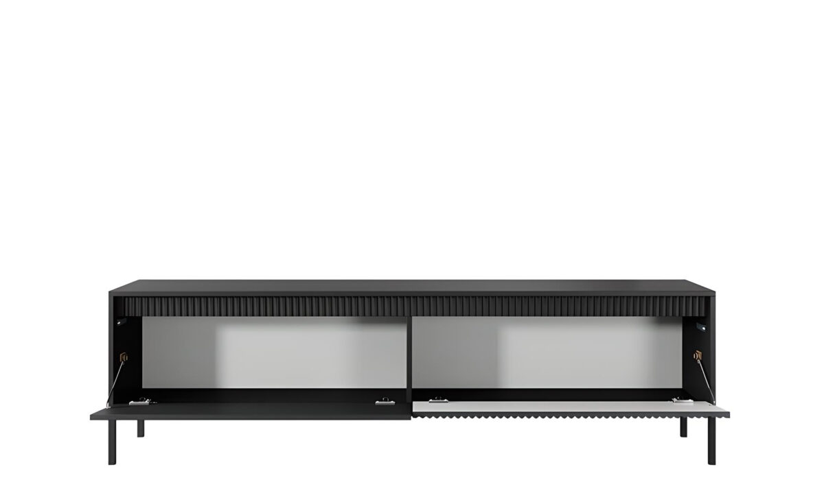 Meuble télé ROMANE Fonctionnalité et modernité avec ses 187 cm, 2 portes, 2 étagères, couleur noir