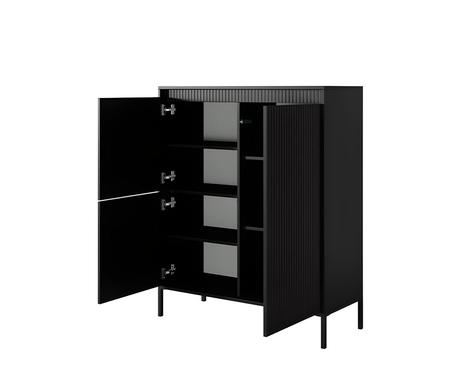 Optimisez votre espace avec le buffet ROMANE 3 portes, 7 étagères pour un rangement efficace, couleur noir.