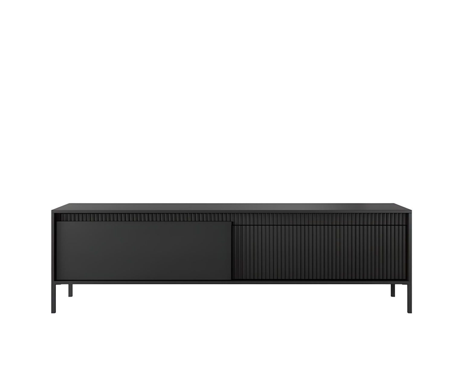 ROMANE meuble télé noir élégant de 187 cm avec 2 portes, 2 étagères pour un aménagement stylé