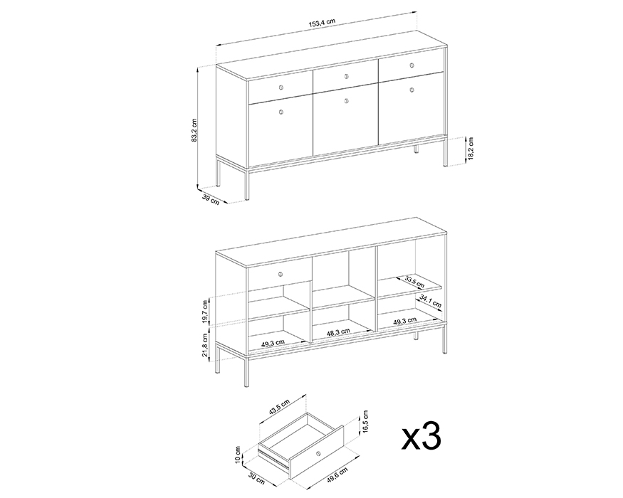 Croquis buffet 3 portes 3 tiroirs pieds métal or 154 cm ROSALIA