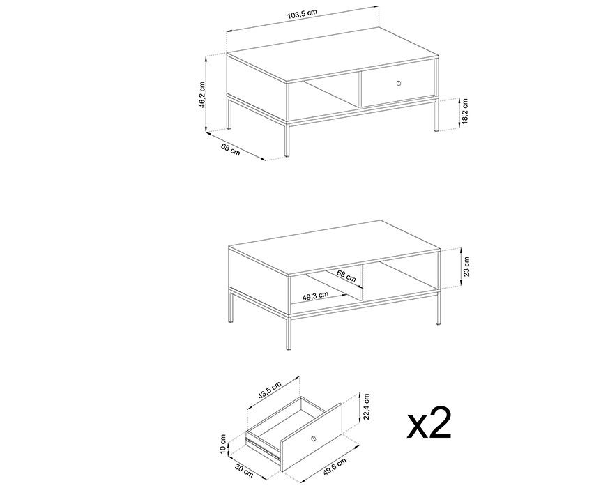 Croquis table basse 1 tiroir pieds métal 104 cm ROSALIA