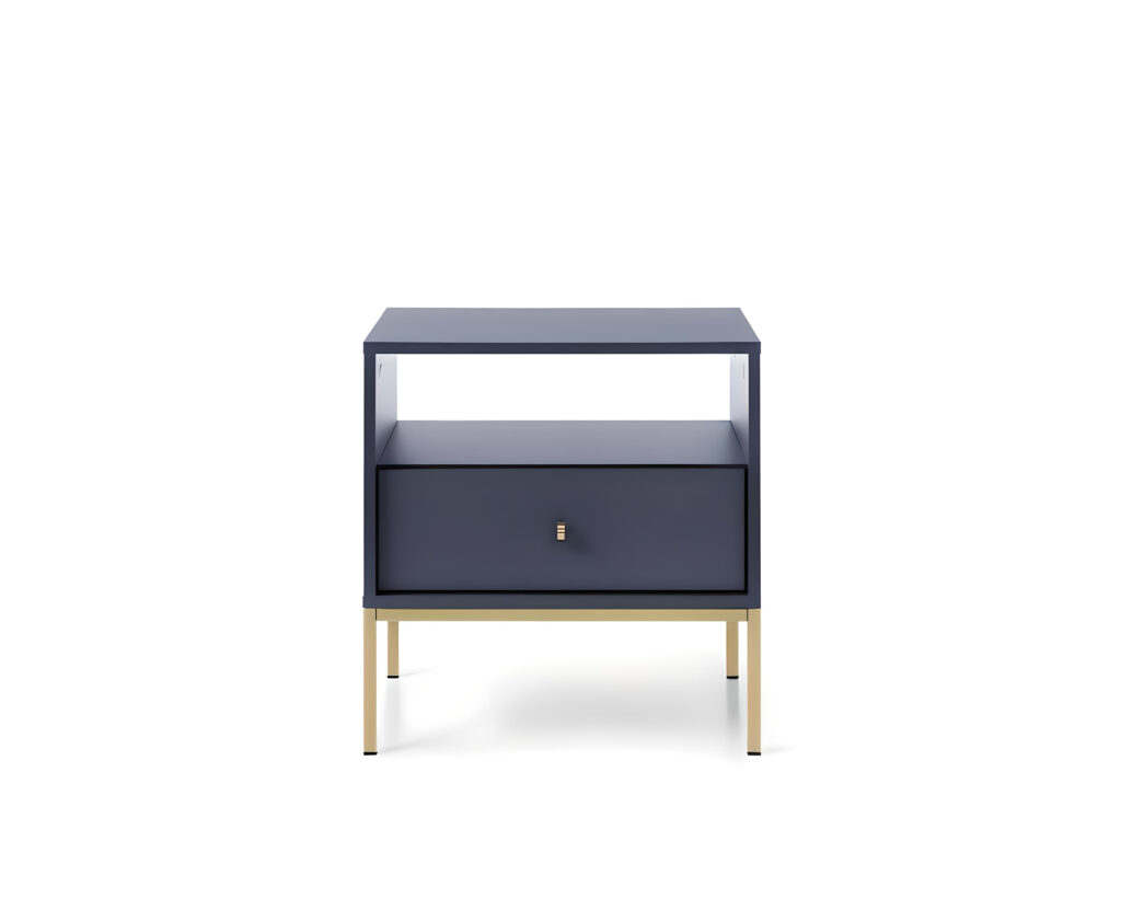 Table de chevet ROSALIA élégance et modernité avec ses pieds en métal doré et sa finition bleue