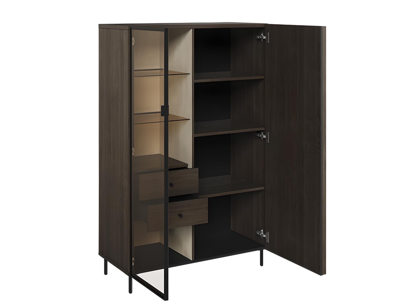 Buffet haut 2 portes 2 tiroirs bois foncé 92 cm Carenne fonctionnel avec ses rangements