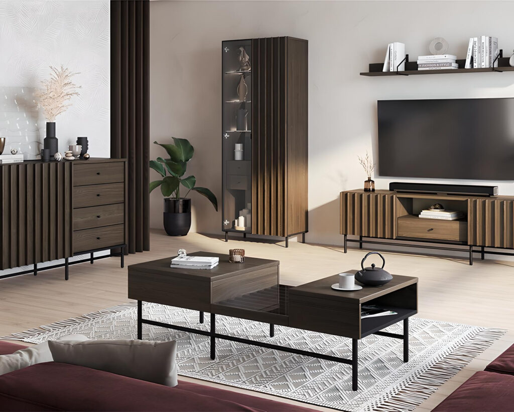 Chaque détail compte sur la table basse CARENNE, où le bois foncé rencontre un design ingénieux