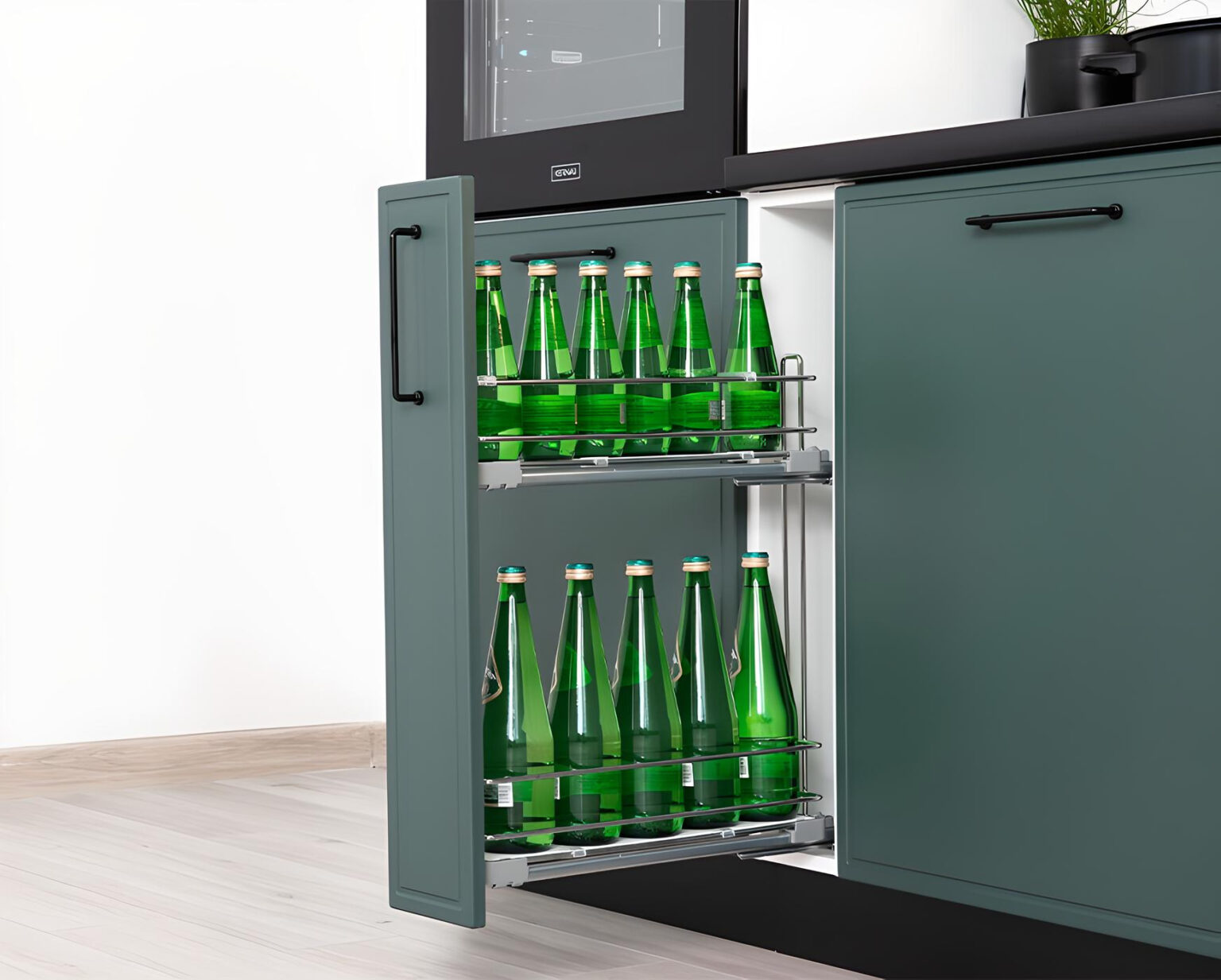 Compartiment intégré dans la Cuisine complète option four et lave-vaisselle encastrable verte 270 cm LYNN, l'alliance parfaite de l'esthétique et de la fonctionnalité offre un rangement accessible pour les boissons