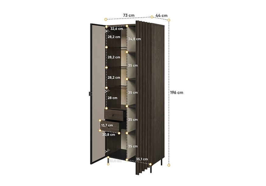 Dimensions vitrine 2 portes 2 tiroirs bois foncé 73 cm CARENNE