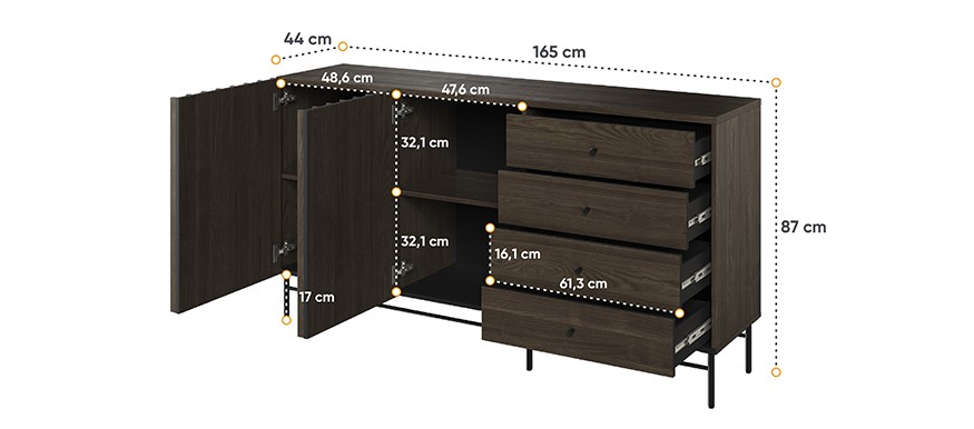 Dimensions buffet 2 portes 4 tiroirs bois foncé 165 cm CARENNE