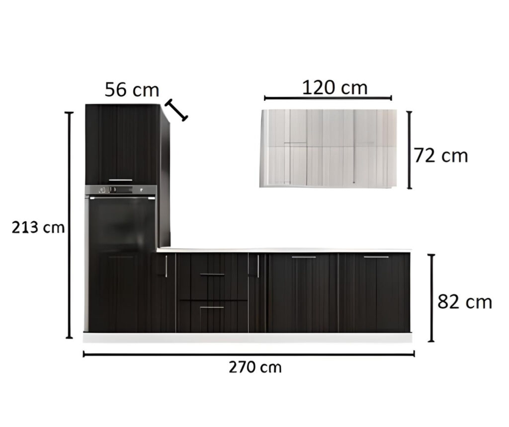 Dimensions cuisine complete option four et lave-vaisselle encastrable 270 cm noire KATIA