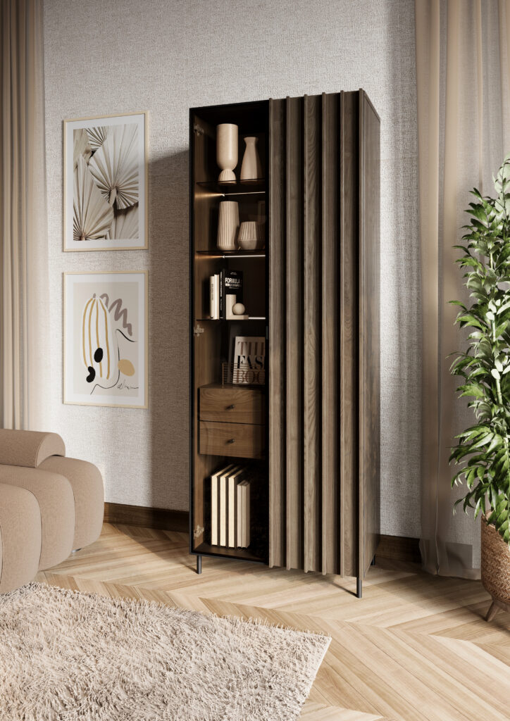 Sublimez votre déco avec la vitrine 2 portes 2 tiroirs bois foncé 73 cm CARENNE